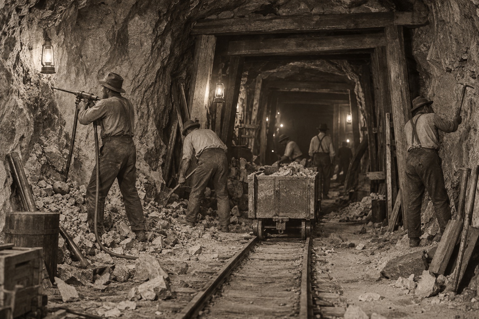 Historic-style photograph of early Jungfraubahn tunnel construction