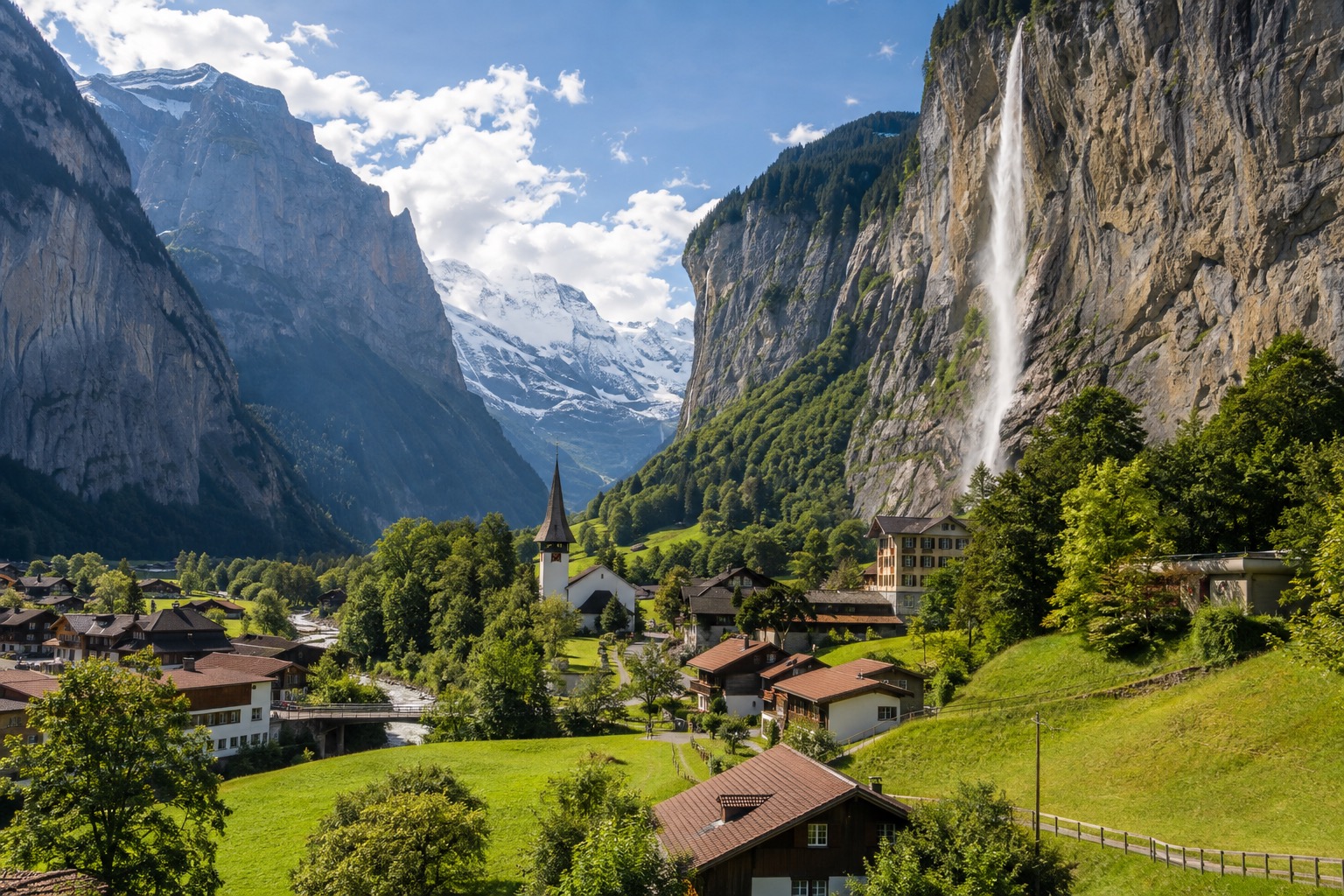 Lauterbrunnen valley with its sheer cliff walls and waterfall