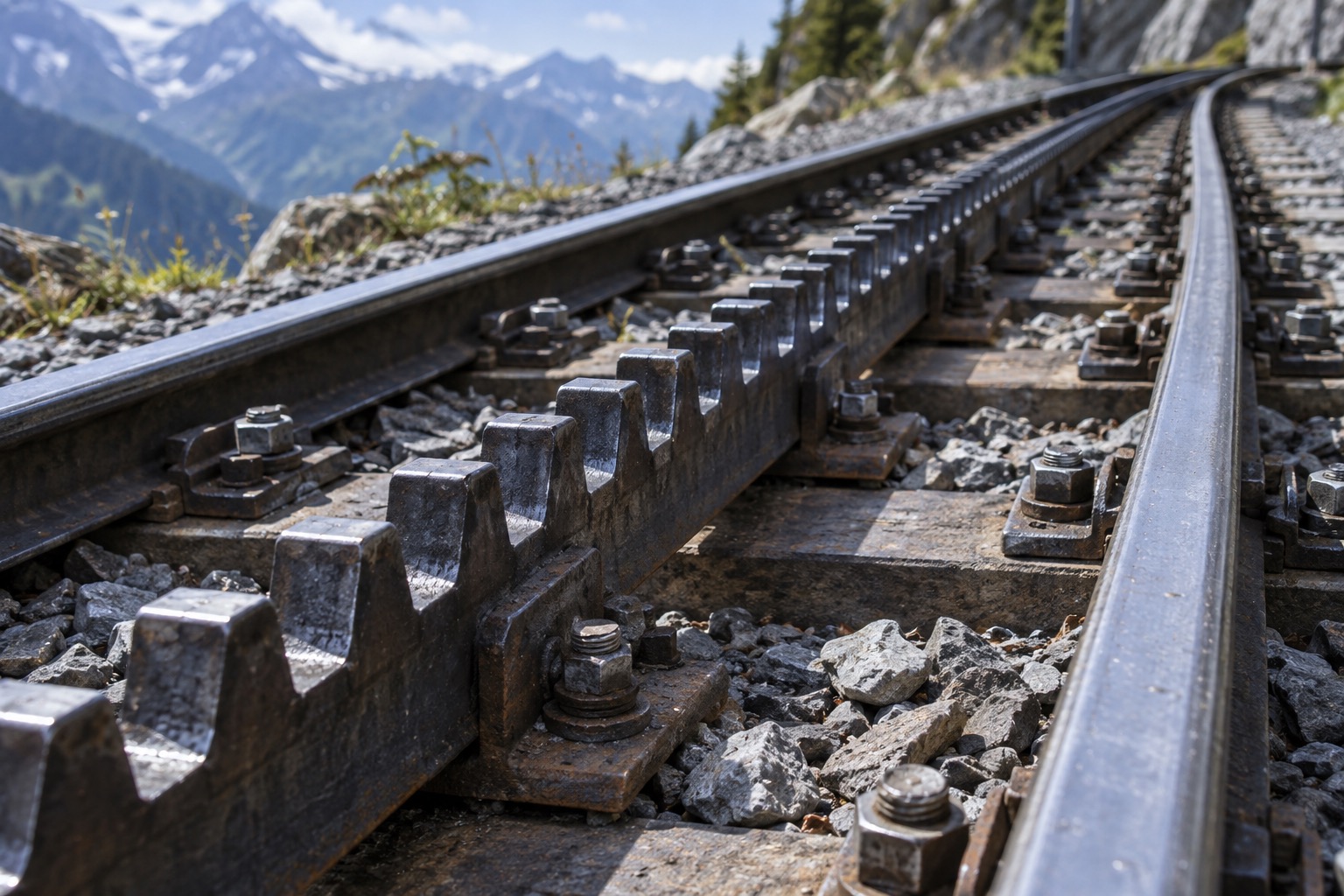 Close-up of a rack-and-pinion cogwheel railway track