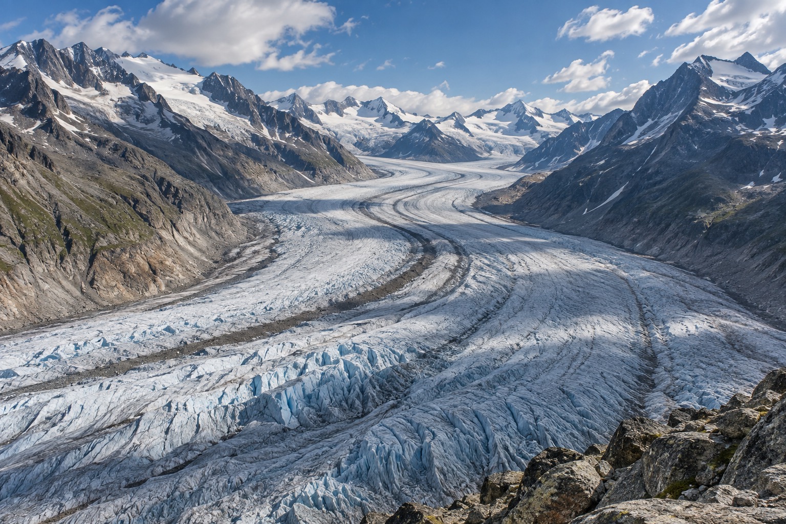 The Aletsch Glacier flowing between alpine ridges as seen from Jungfraujoch