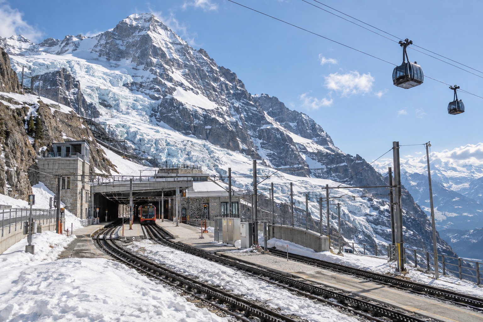 Eigergletscher station at the base of the Eiger, glacier visible above
