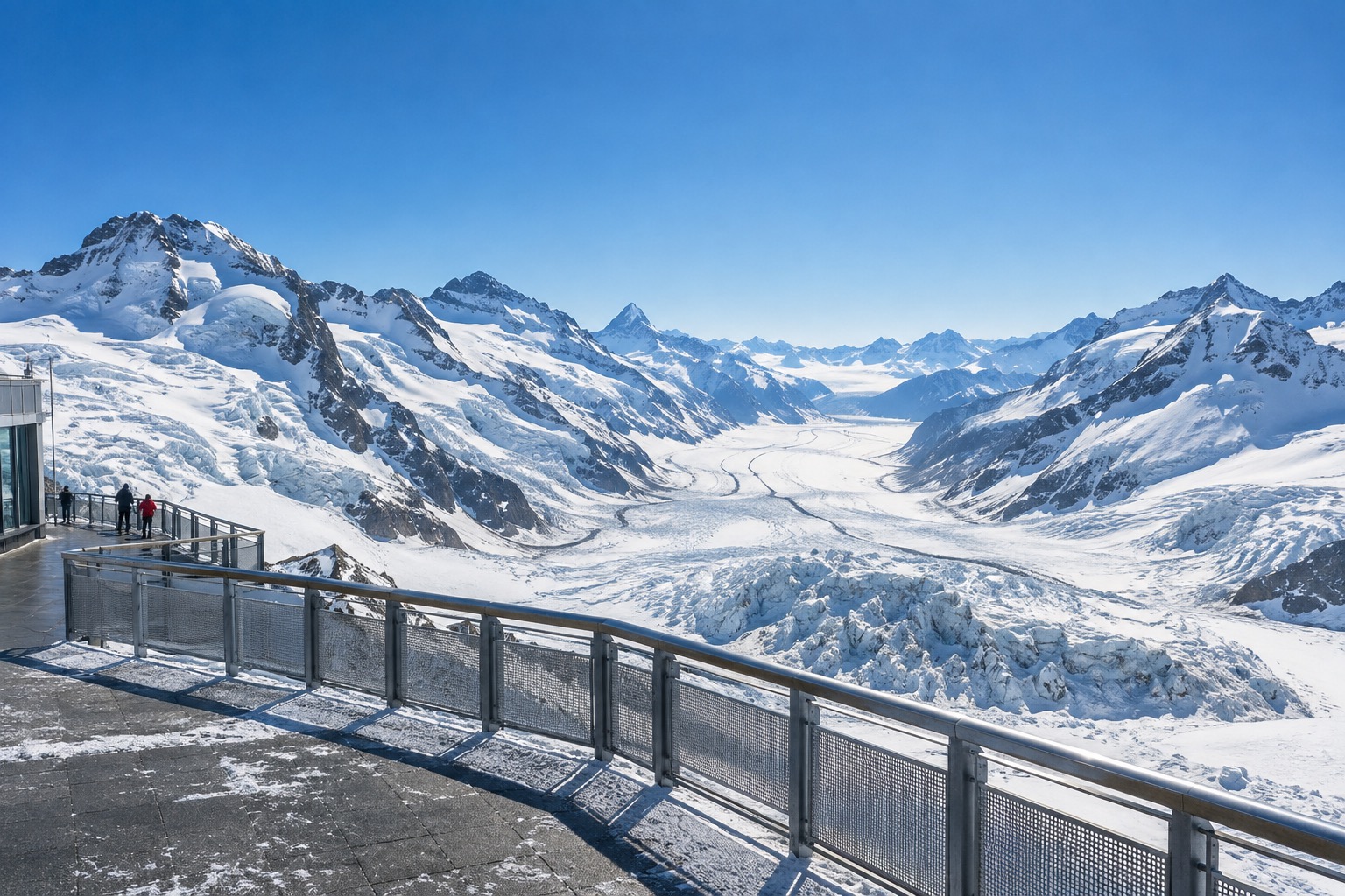 Jungfraujoch Top of Europe station terrace with the Aletsch Glacier below