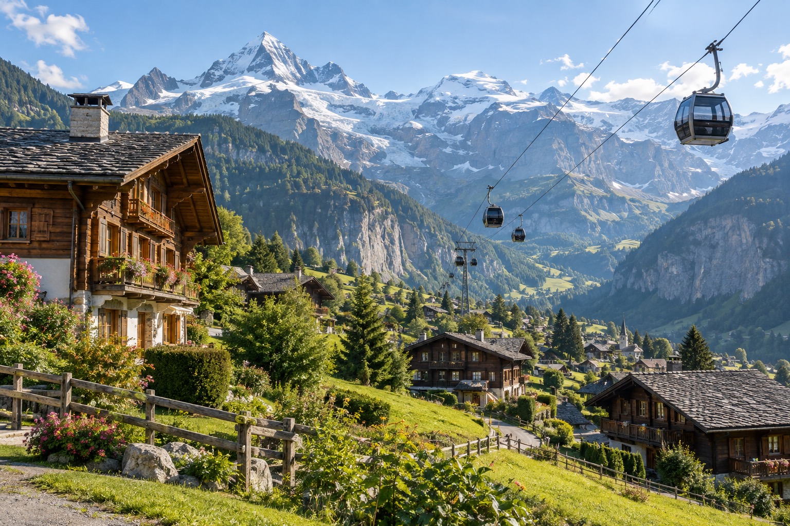 Grindelwald village with the Eiger Express gondola line overhead